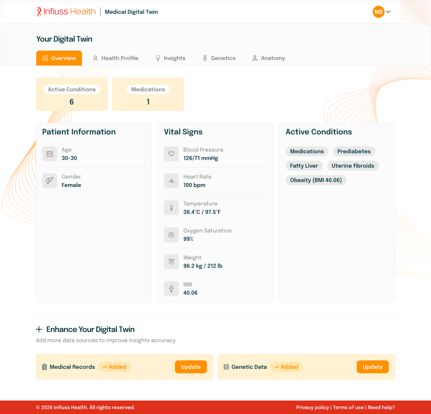 PROBE digital patient twin overview showing a patient profile and clinical information