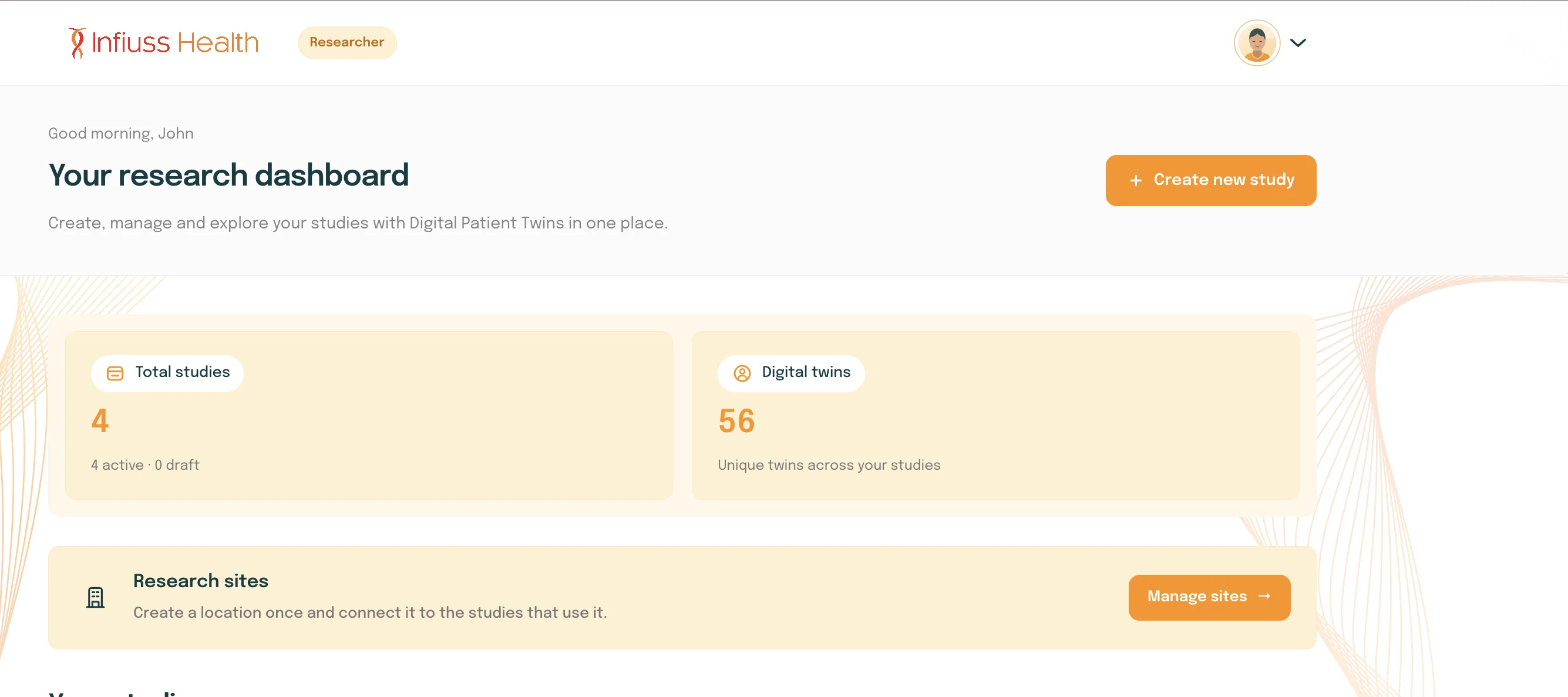 Infiuss researcher dashboard showing studies, digital twins, and research sites